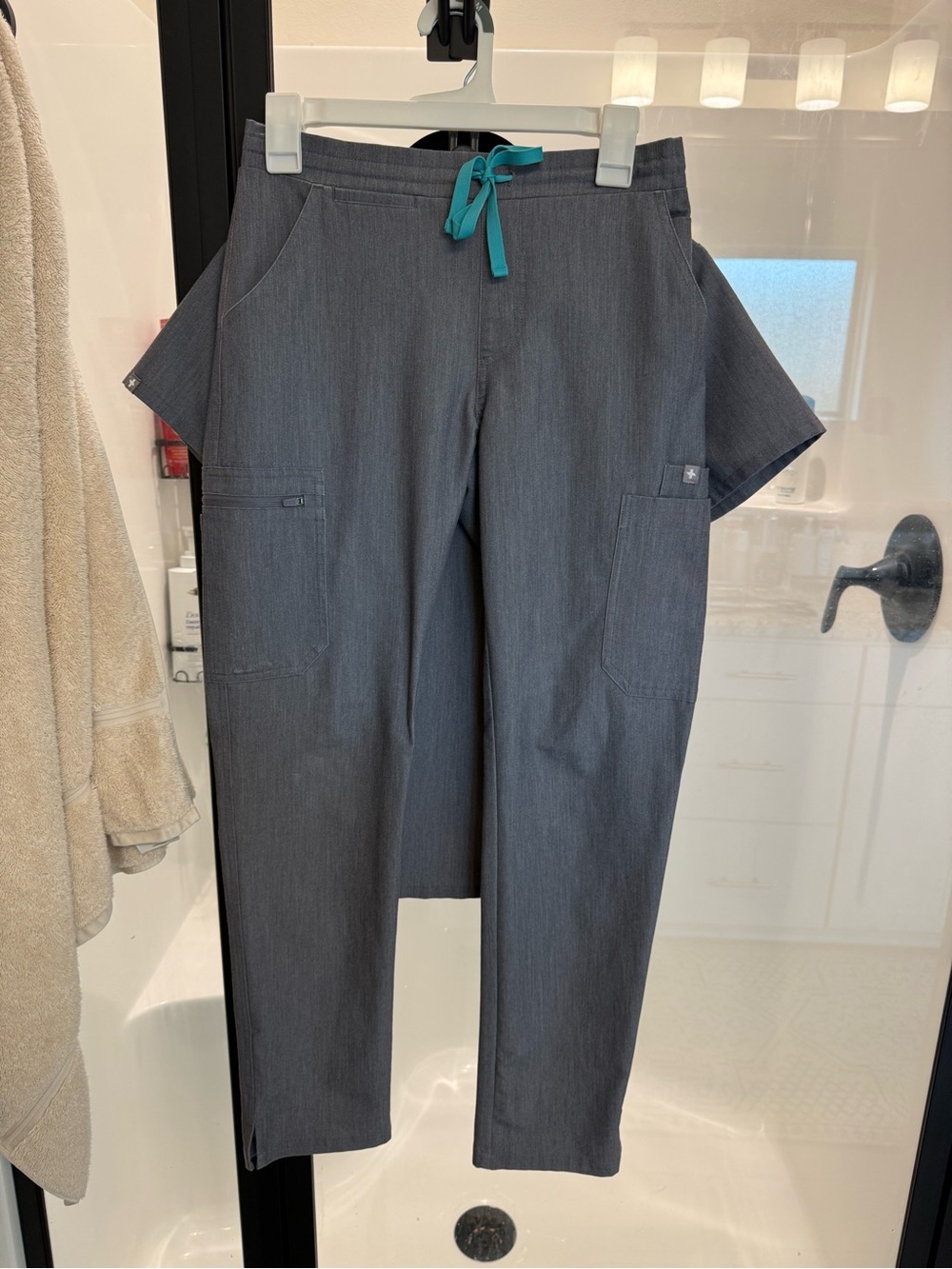 Figs Charcoal Cargo Scrub Pants with Teal Drawstring